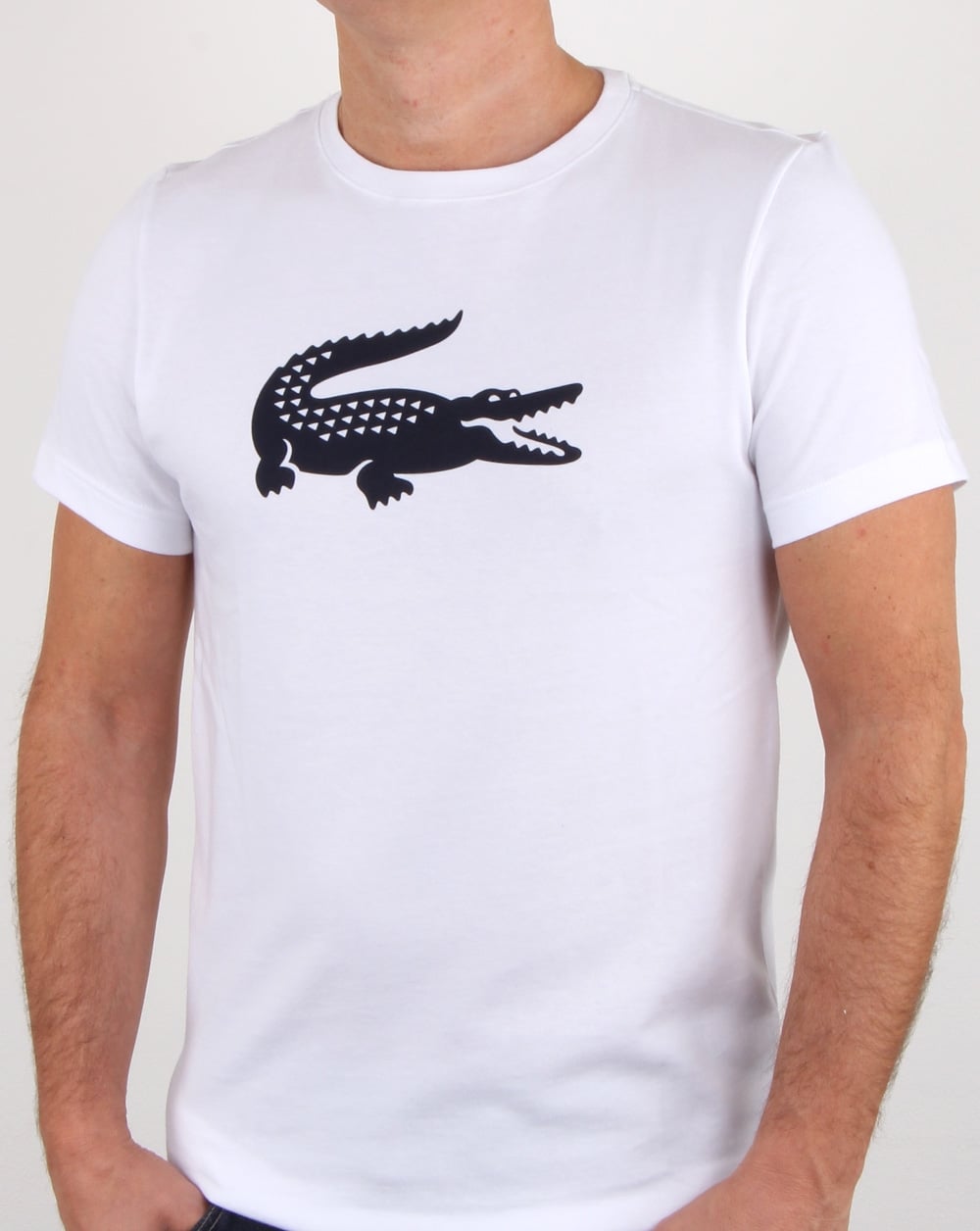 Lacoste – T-Shirt mit Krokodil-Print, Weiß/Marineblau
