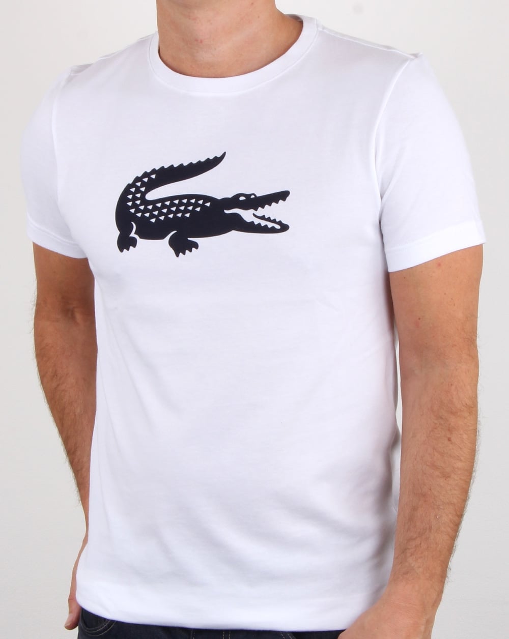 Lacoste – T-Shirt mit Krokodil-Print, Weiß/Marineblau
