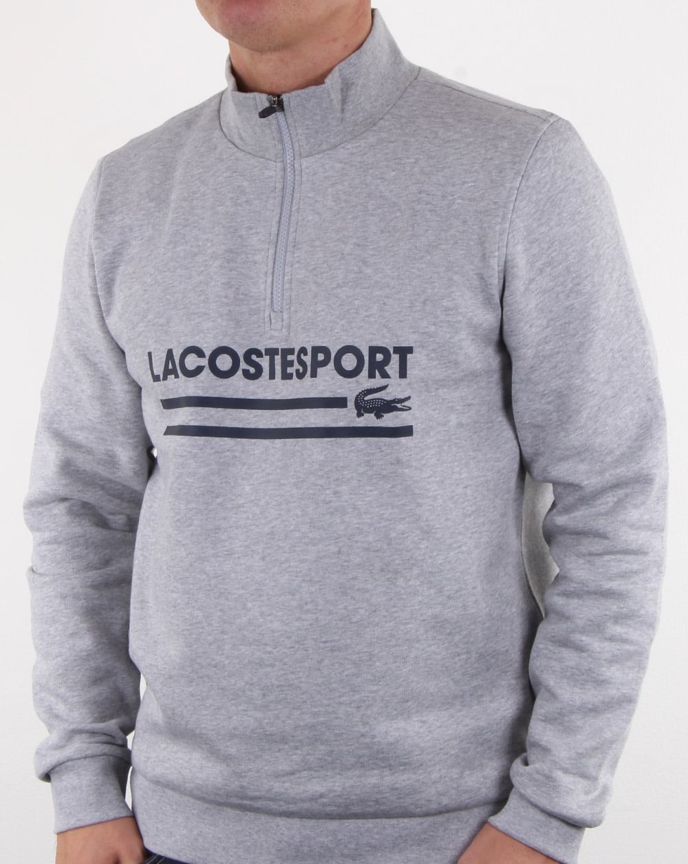 Lacoste – Sweatshirt mit halbem Reißverschluss und Logo in Silber/Marineblau