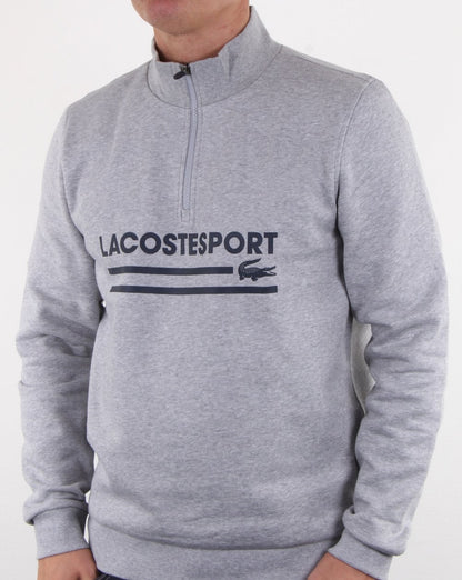 Lacoste – Sweatshirt mit halbem Reißverschluss und Logo in Silber/Marineblau
