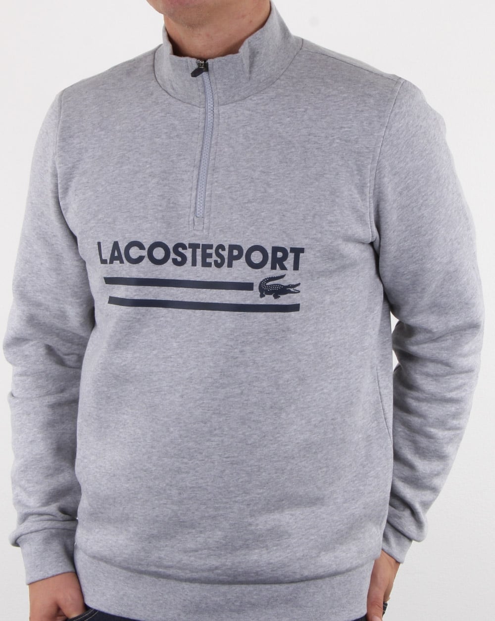 Lacoste – Sweatshirt mit halbem Reißverschluss und Logo in Silber/Marineblau