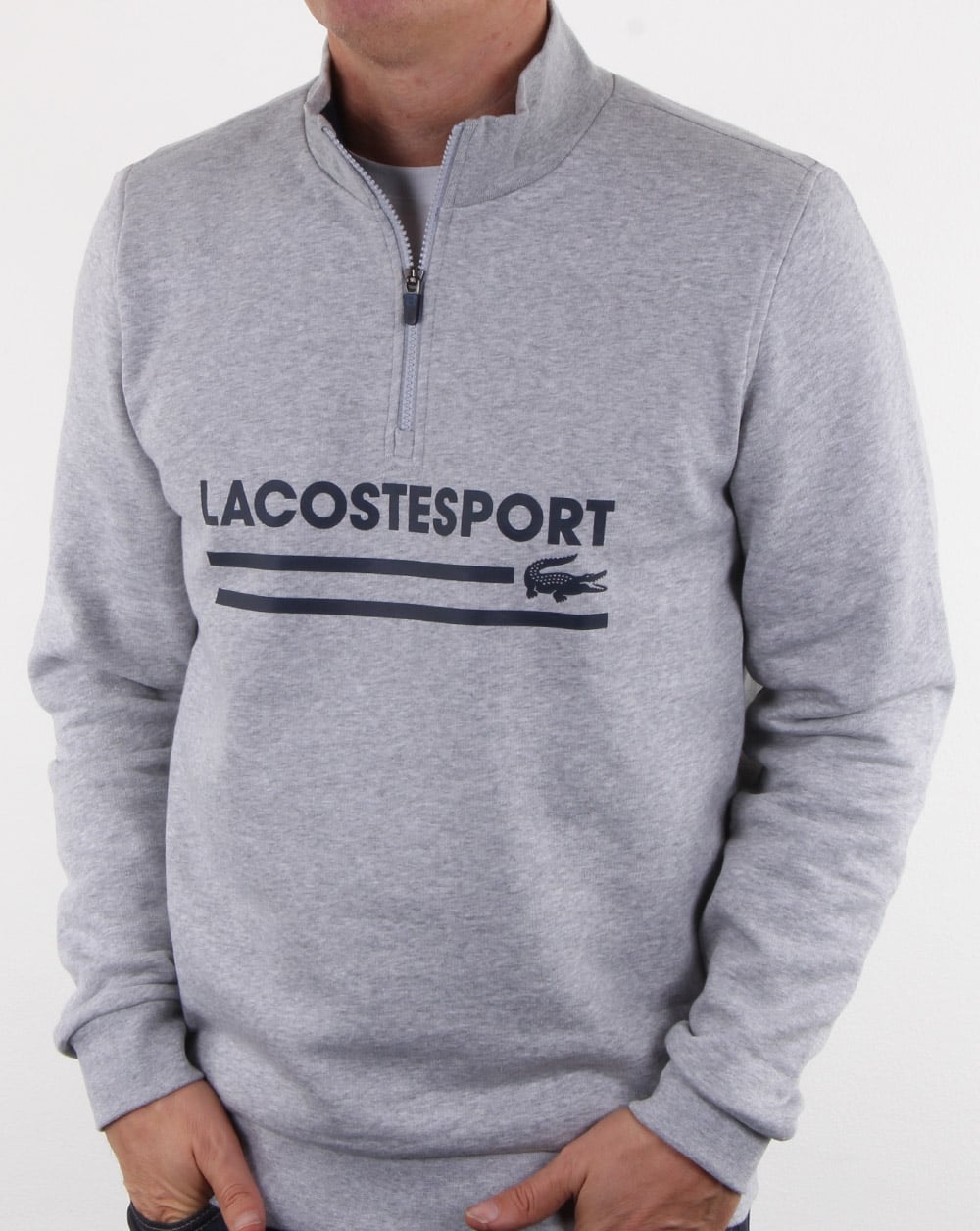 Lacoste – Sweatshirt mit halbem Reißverschluss und Logo in Silber/Marineblau