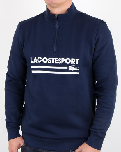 Lacoste – Sweatshirt mit halbem Reißverschluss und Logo, Marineblau/Weiß