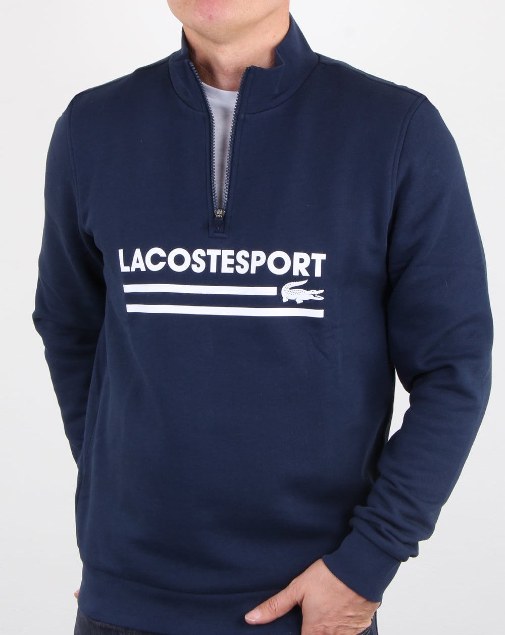 Lacoste – Sweatshirt mit halbem Reißverschluss und Logo, Marineblau/Weiß