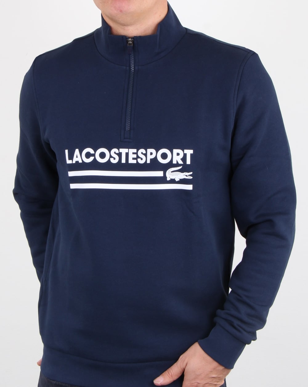 Lacoste – Sweatshirt mit halbem Reißverschluss und Logo, Marineblau/Weiß