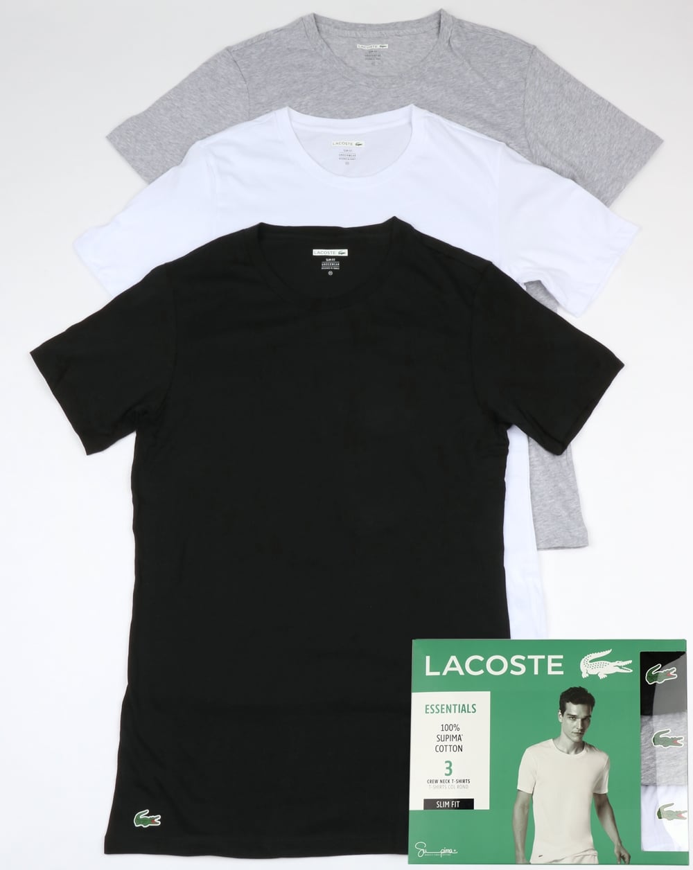 Lacoste – Slim Crew-T-Shirts im Dreierpack, Schwarz/Weiß/Grau
