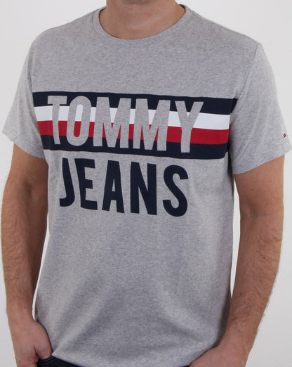 Tommy Hilfiger – T-Shirt mit Colorblock-Schriftzug, Hellgrau meliert