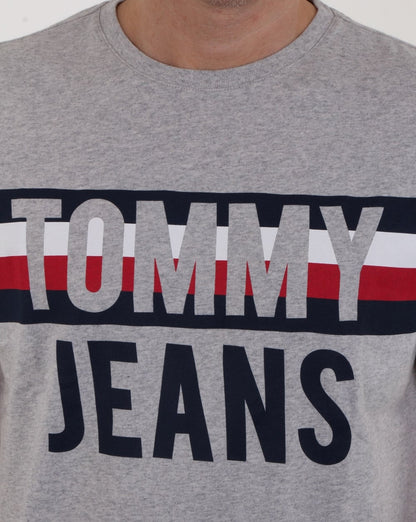 Tommy Hilfiger – T-Shirt mit Colorblock-Schriftzug, Hellgrau meliert