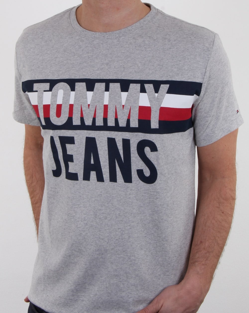 Tommy Hilfiger – T-Shirt mit Colorblock-Schriftzug, Hellgrau meliert