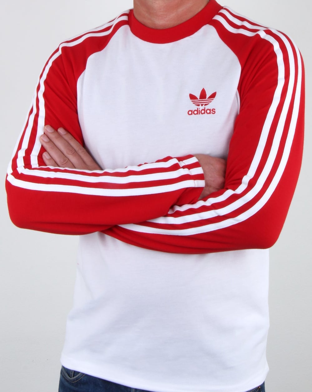 Adidas Originals Long Sleeve 3 Stripes T Shirt White/Red