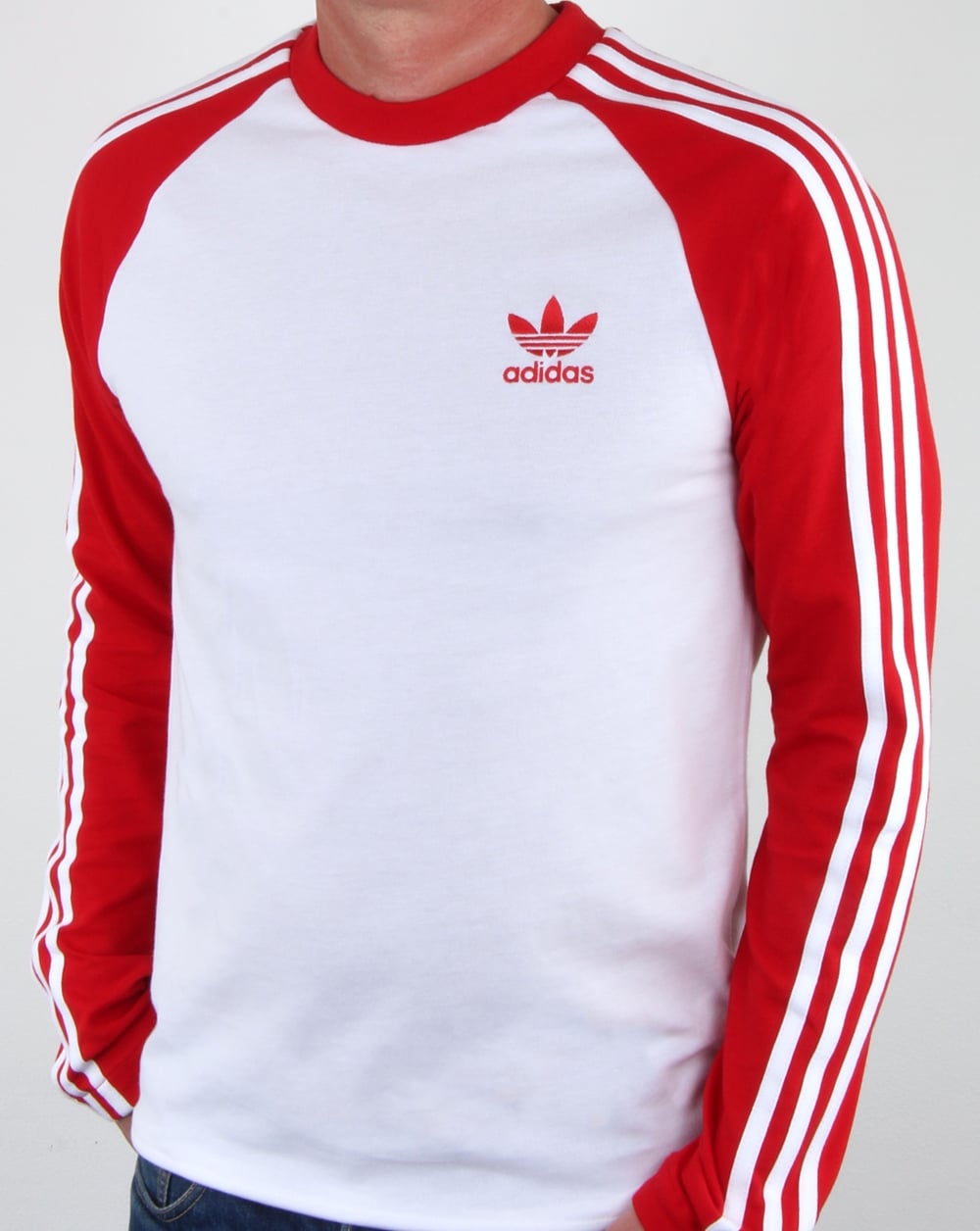 Adidas Originals Langarm-T-Shirt mit 3 Streifen, Weiß/Rot