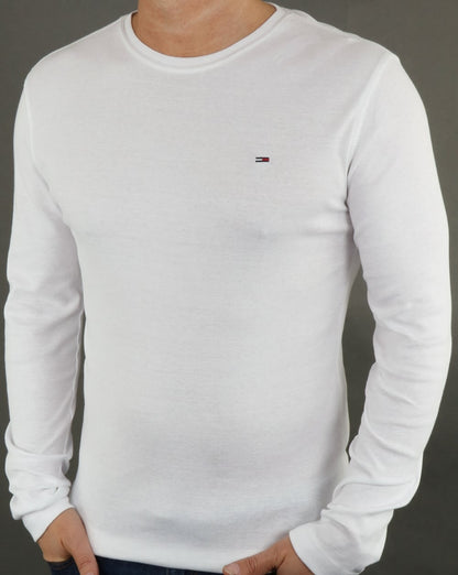 Tommy Jeans Langarm-T-Shirt aus gerippter Baumwolle in Weiß