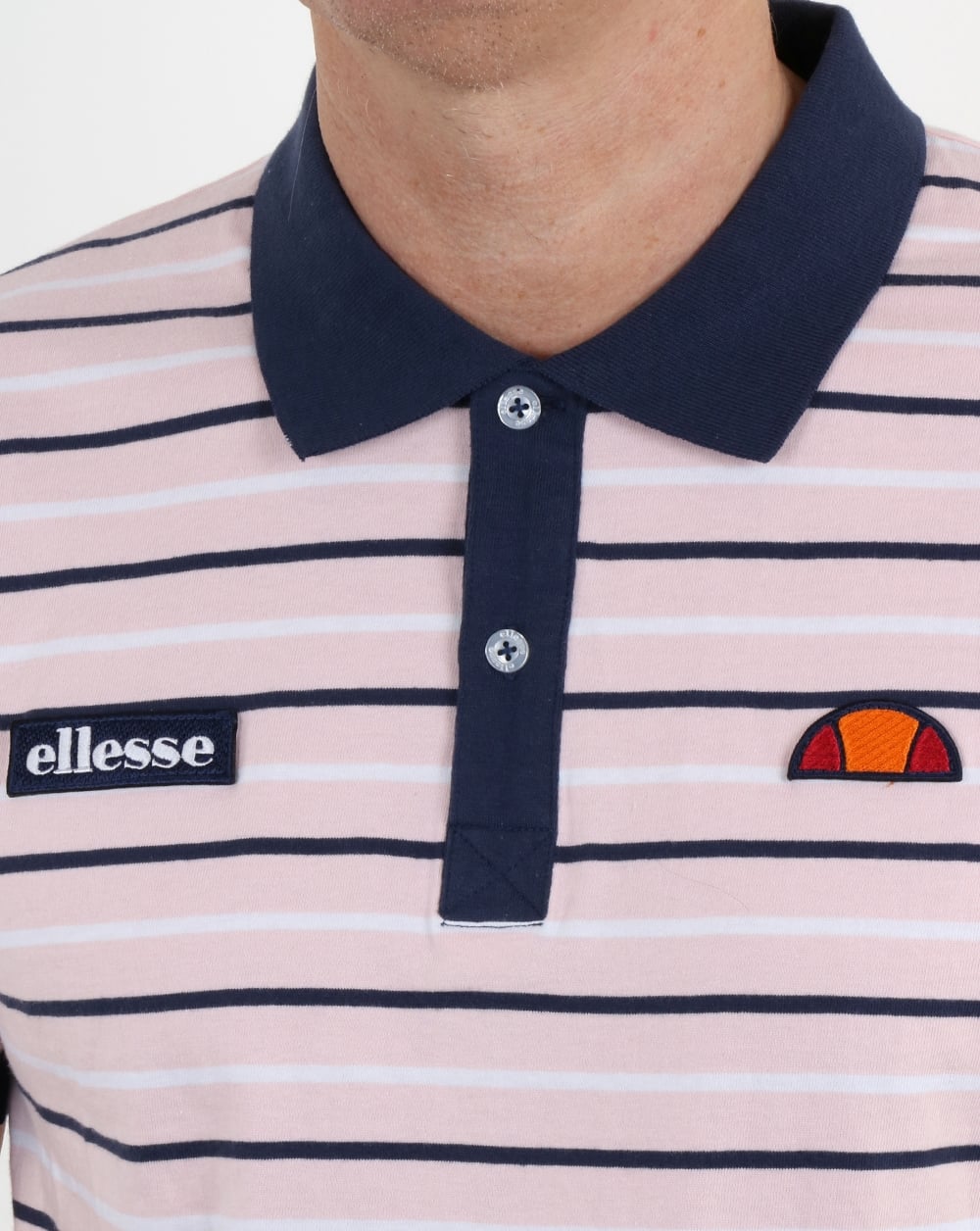 Ellesse – Poloshirt mit Streifen in Hellrosa und Marineblau