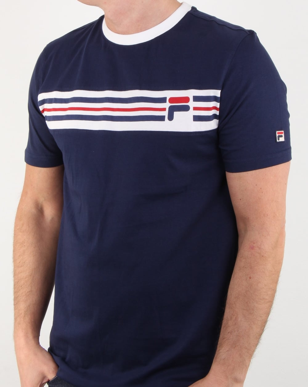 Fila – Vintage-T-Shirt mit Bruststreifen in Marineblau