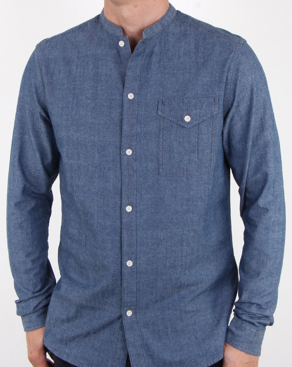 Pretty Green – Nightingale – Kragenloses Hemd in Indigo