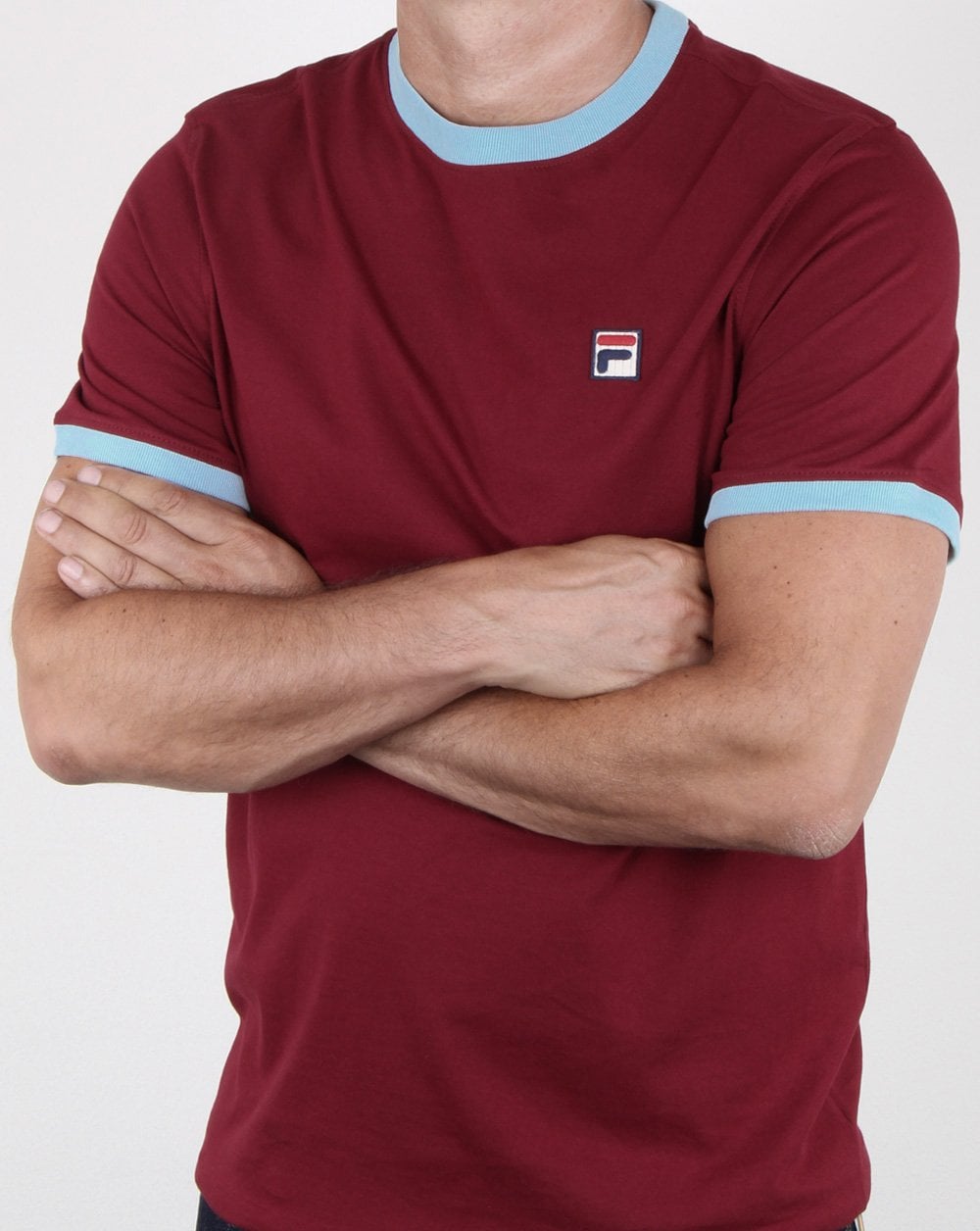 Fila Vintage Ringer T-Shirt Weinrot - Himmelblau