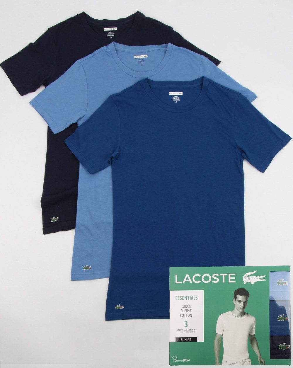 Lacoste – Slim Fit Crew-T-Shirts im Dreierpack, Marineblau/Blau
