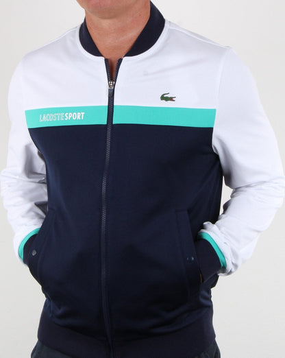 Lacoste – Gestreiftes Trainingsoberteil in Weiß/Marineblau/Aqua