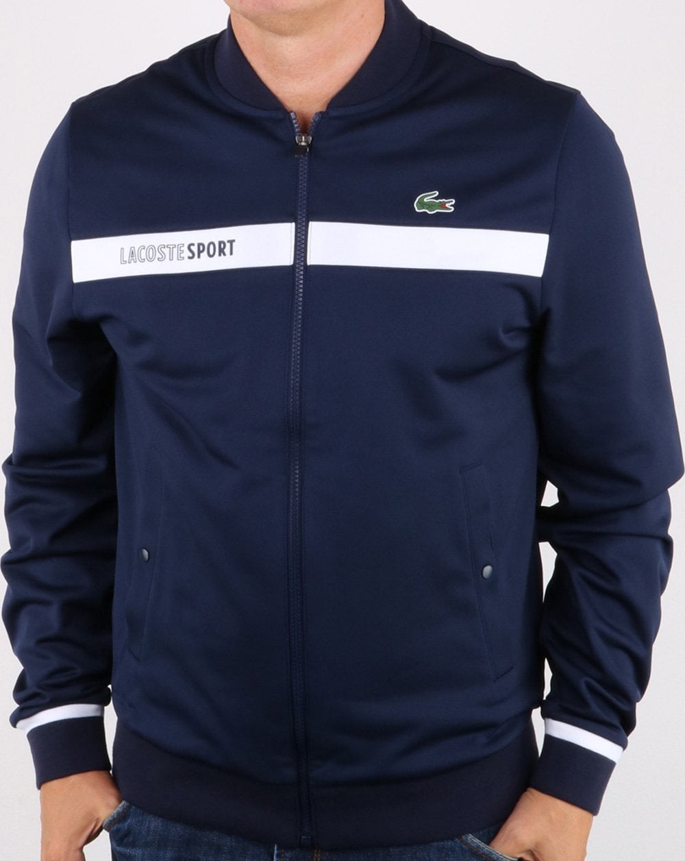 Lacoste – Gestreiftes Trainingsoberteil, Marineblau/Weiß