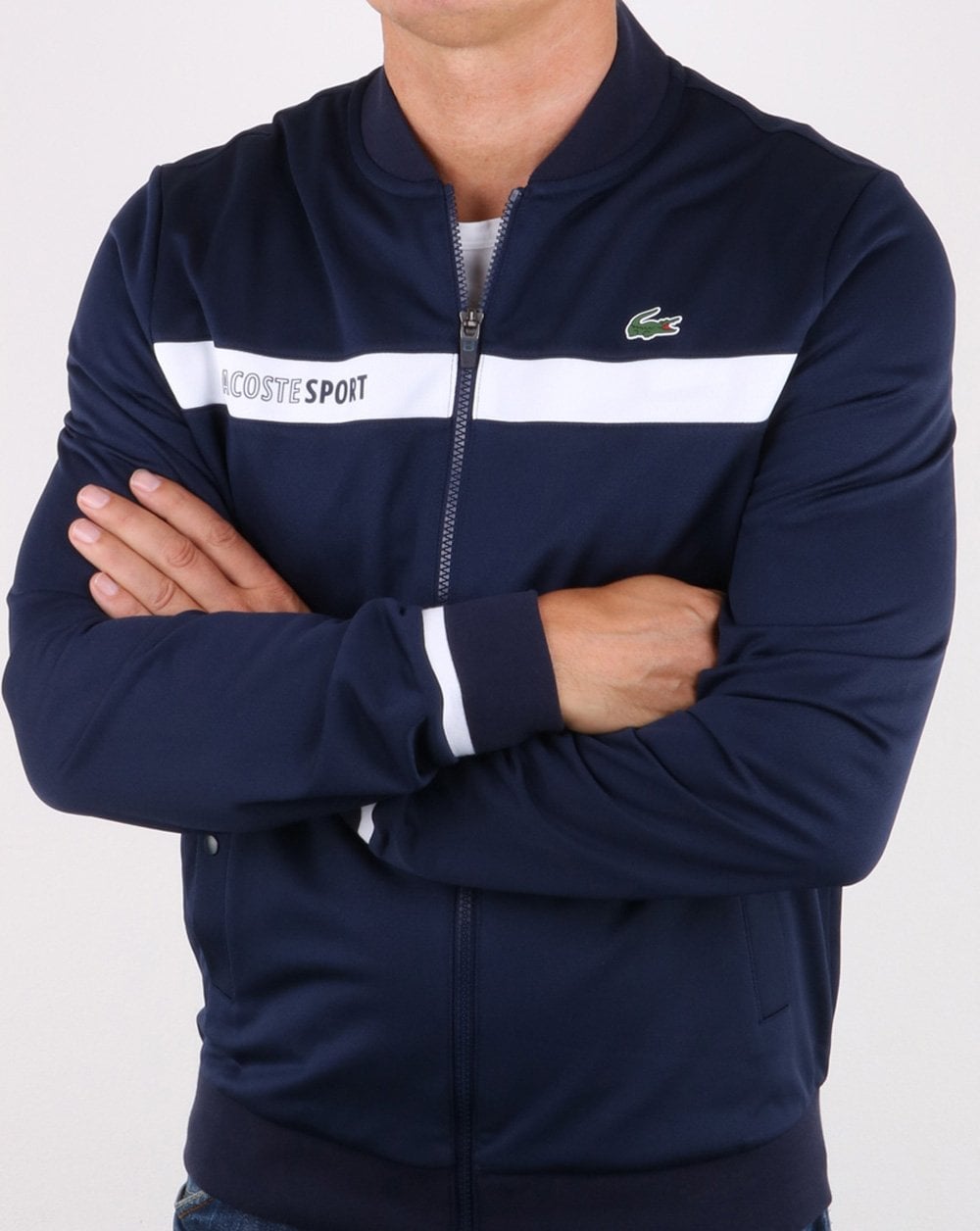 Lacoste – Gestreiftes Trainingsoberteil, Marineblau/Weiß