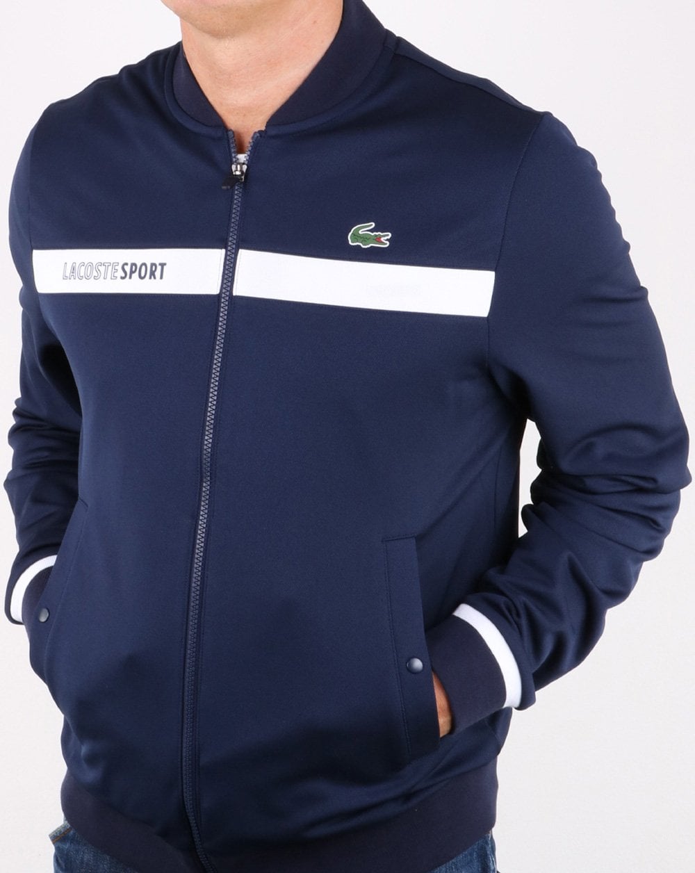 Lacoste – Gestreiftes Trainingsoberteil, Marineblau/Weiß
