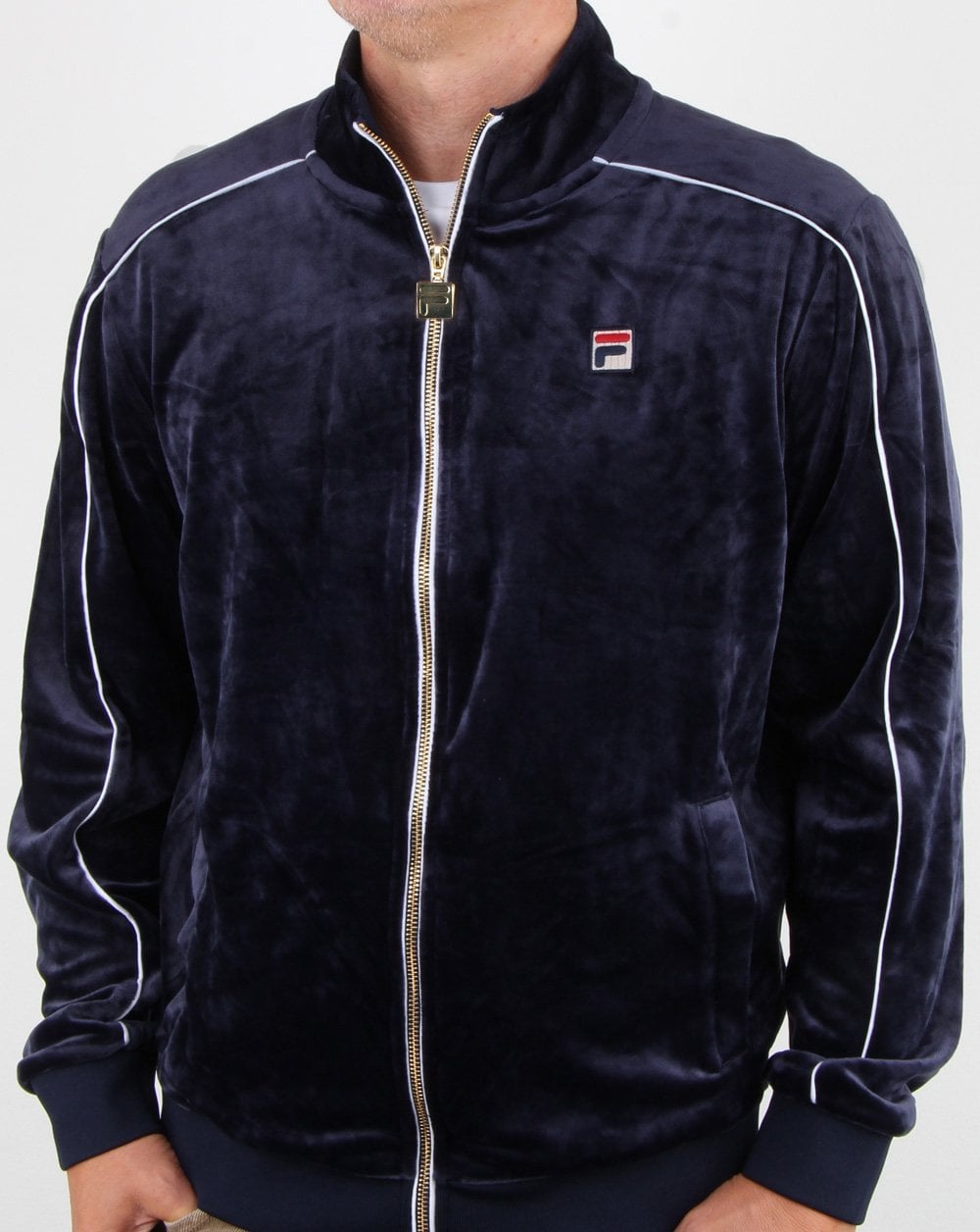 Fila – Vintage-Trainingsoberteil aus Velours mit Paspelierung in Marineblau
