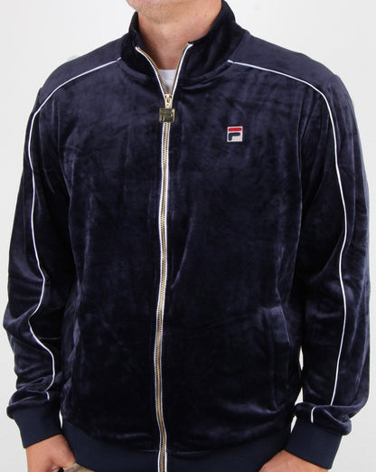 Fila – Vintage-Trainingsoberteil aus Velours mit Paspelierung in Marineblau