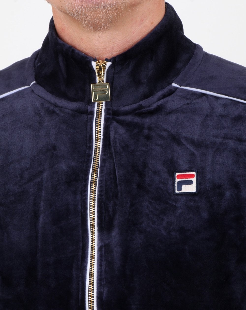 Fila – Vintage-Trainingsoberteil aus Velours mit Paspelierung in Marineblau