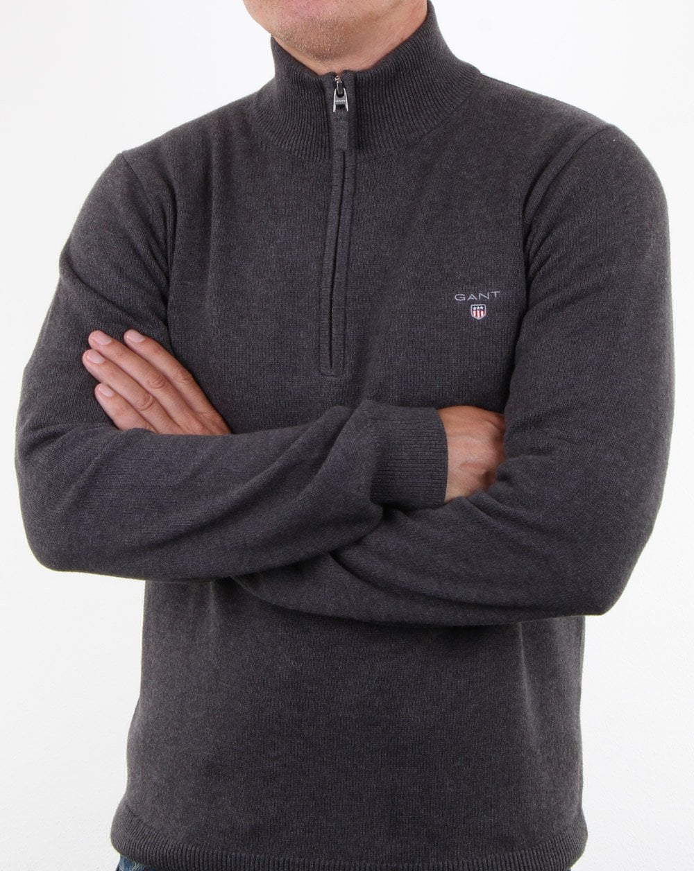 Gant – Pullover mit kontrastierendem Halbreißverschluss, Anthrazitmeliert
