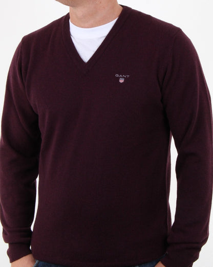 Gant Super Fine Lambswool Pullover mit V-Ausschnitt, Dunkelburgunderrot
