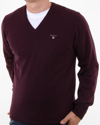 Gant Super Fine Lambswool Pullover mit V-Ausschnitt, Dunkelburgunderrot