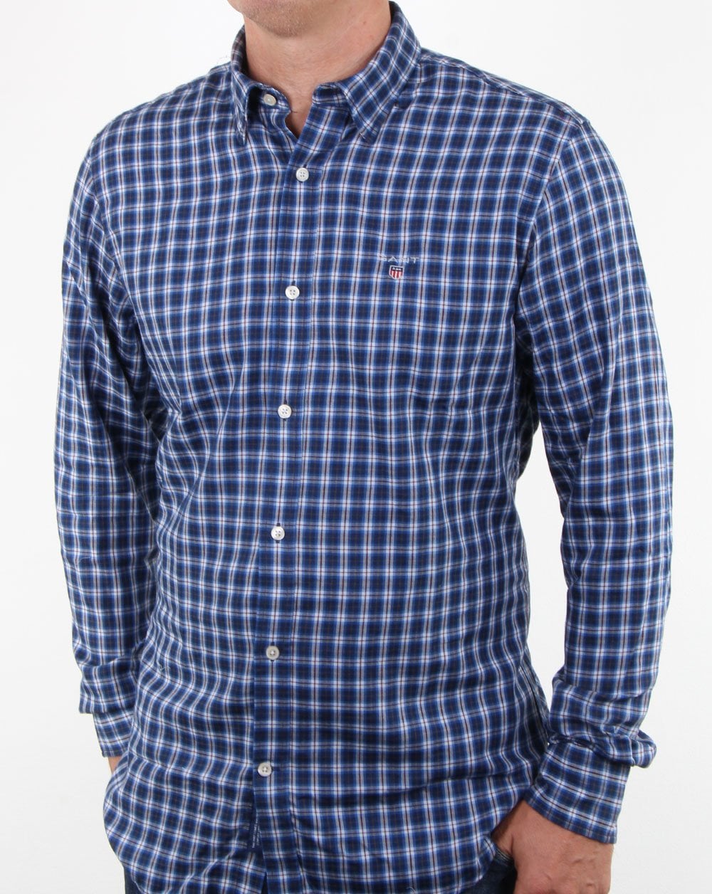 Gant – Kariertes Button-Down-Hemd aus Twill in Indigoblau