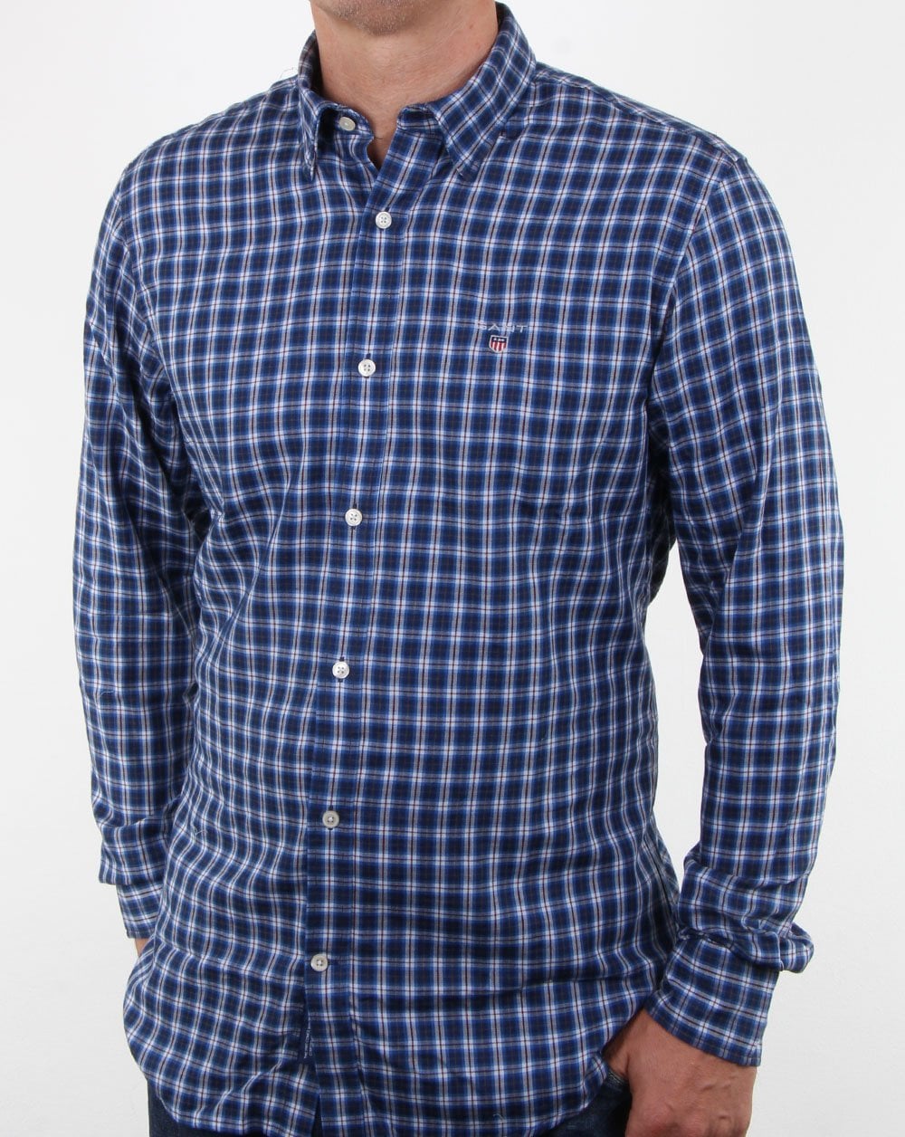 Gant – Kariertes Button-Down-Hemd aus Twill in Indigoblau