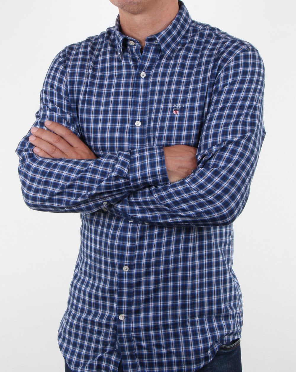 Gant – Kariertes Button-Down-Hemd aus Twill in Indigoblau