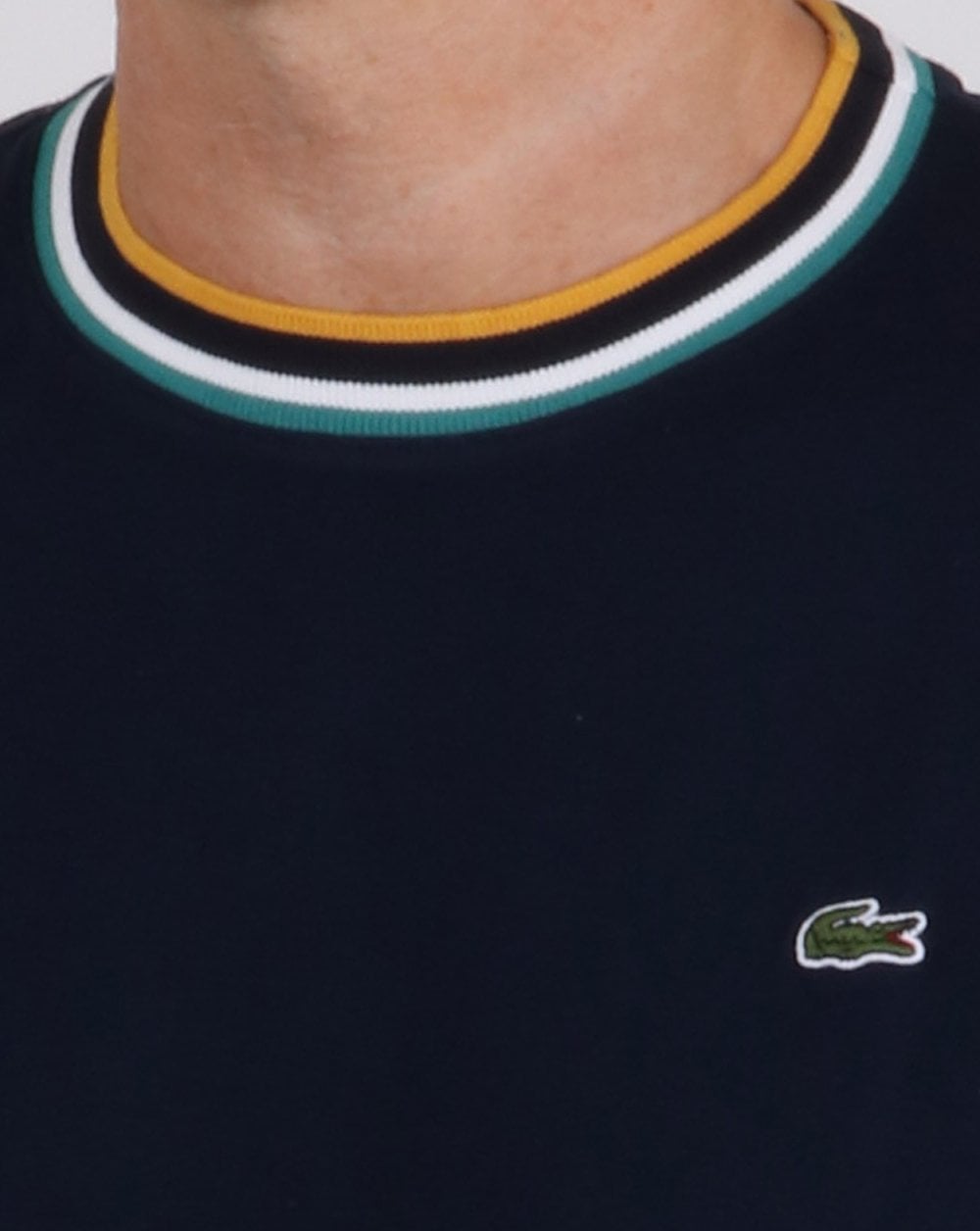 Lacoste – Kontrast-T-Shirt mit Rundhalsausschnitt in Marineblau