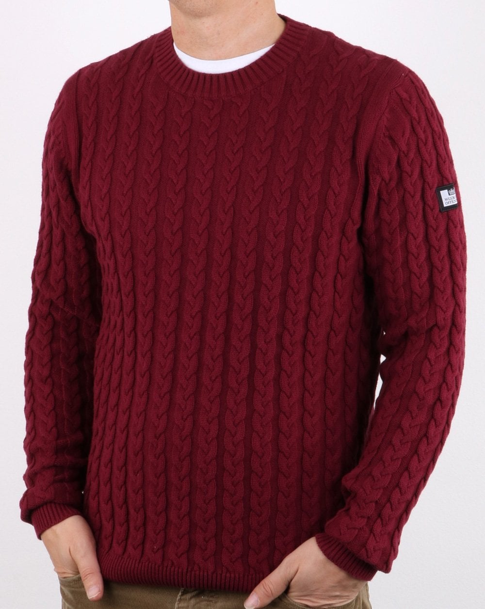 Weekend Offender – Pullover mit Zopfmuster in Weinrot