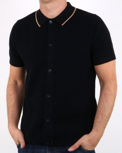 Ben Sherman – Gestricktes Poloshirt mit durchgehender Knopfleiste in Schwarz