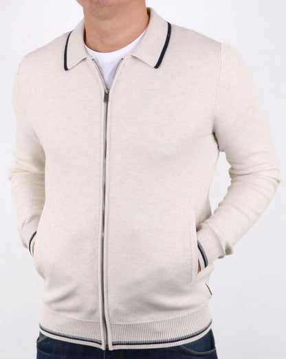 Ben Sherman – Honigkamm-Strickjacke mit durchgehendem Reißverschluss in Off-White