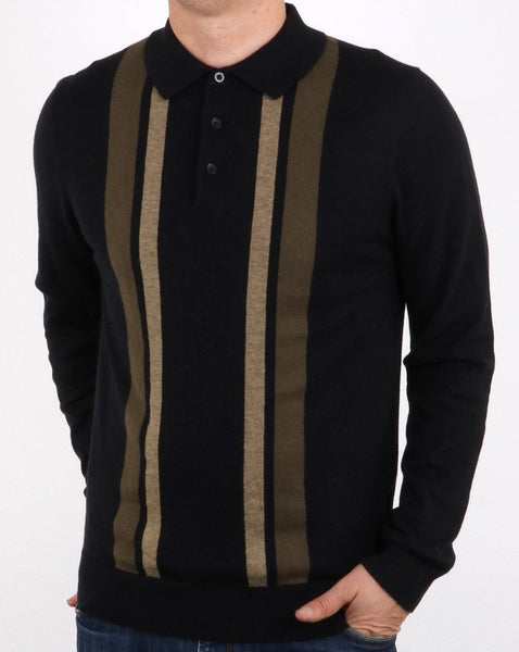 Ben Sherman Colour Block Ls Knit Polo Black