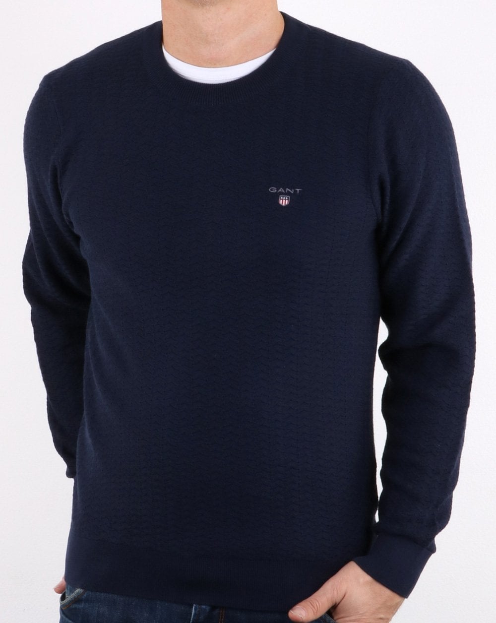 Gant Pullover mit Rundhalsausschnitt und Fischgrätenmuster in Marineblau