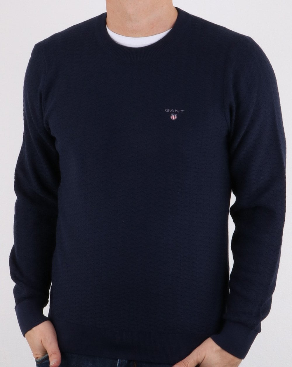 Gant Pullover mit Rundhalsausschnitt und Fischgrätenmuster in Marineblau