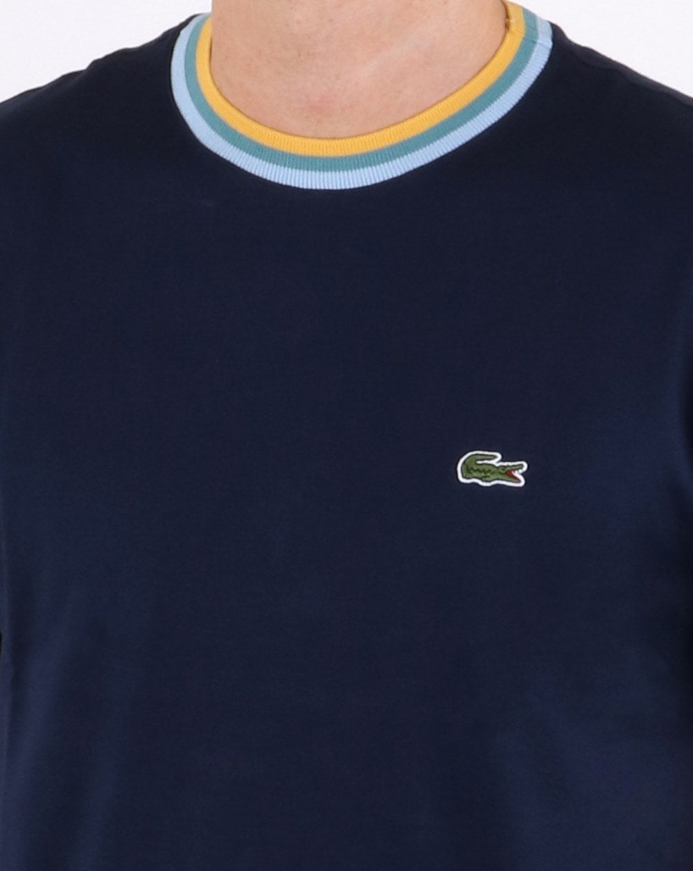 Lacoste – Kontrast-T-Shirt mit Rundhalsausschnitt in Marineblau