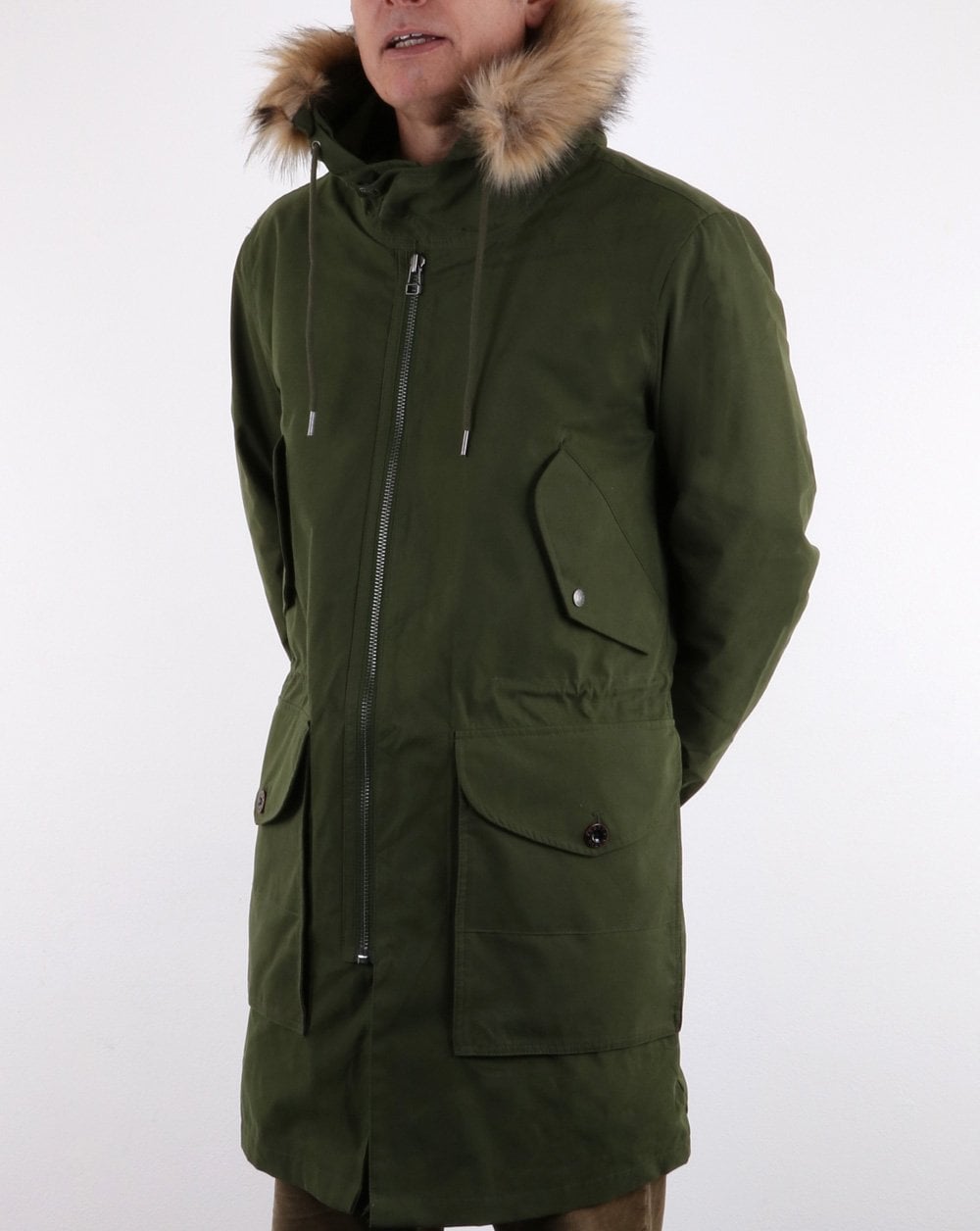 Pretty Green Herren Parka mit Kapuze und Pelzbesatz, Khaki