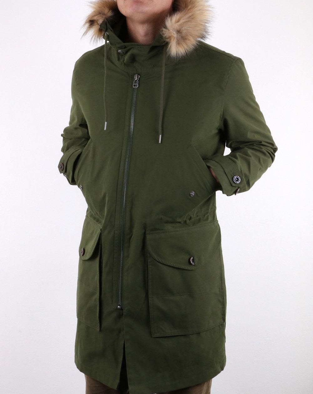 Pretty Green Herren Parka mit Kapuze und Pelzbesatz, Khaki