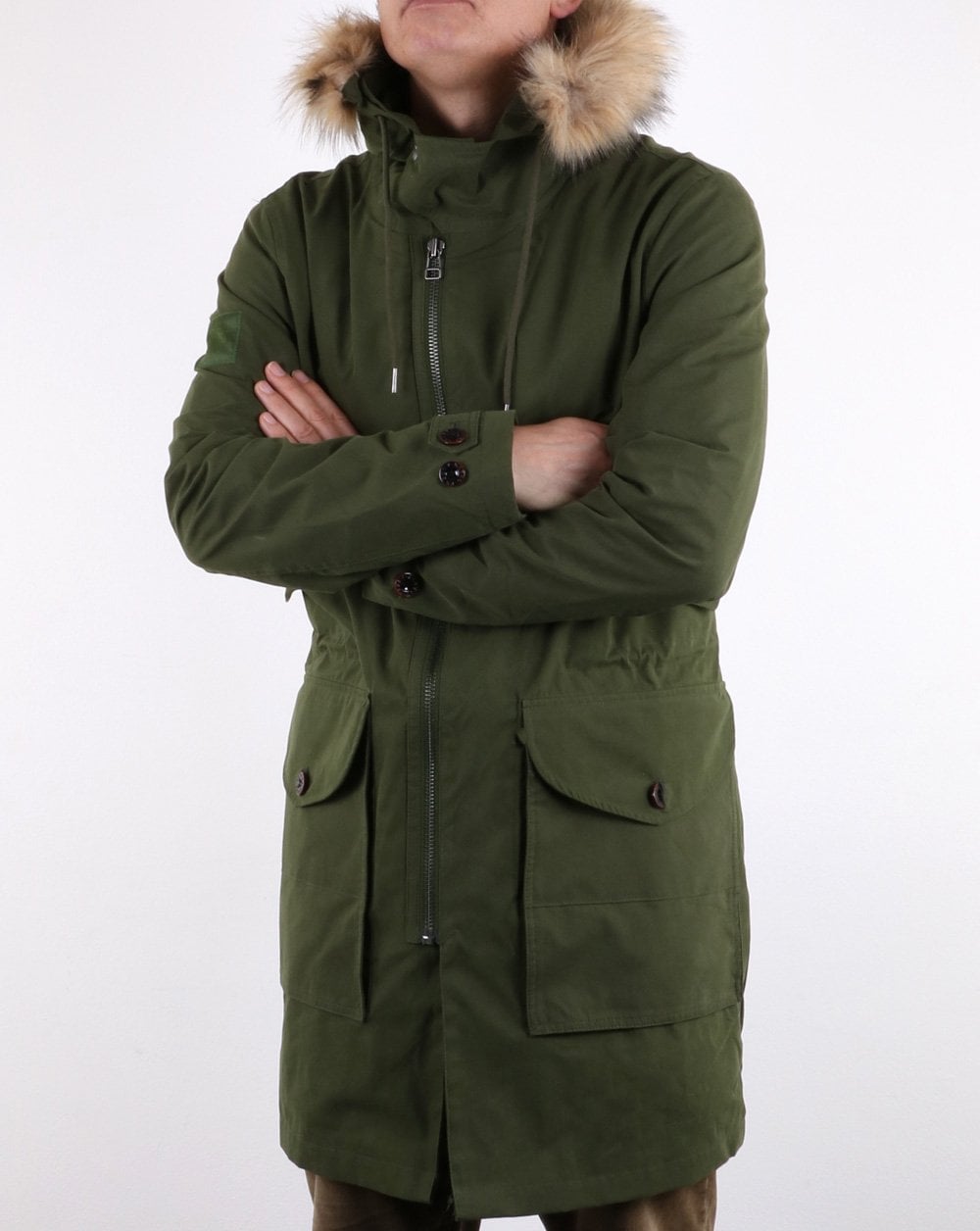 Pretty Green Herren Parka mit Kapuze und Pelzbesatz, Khaki