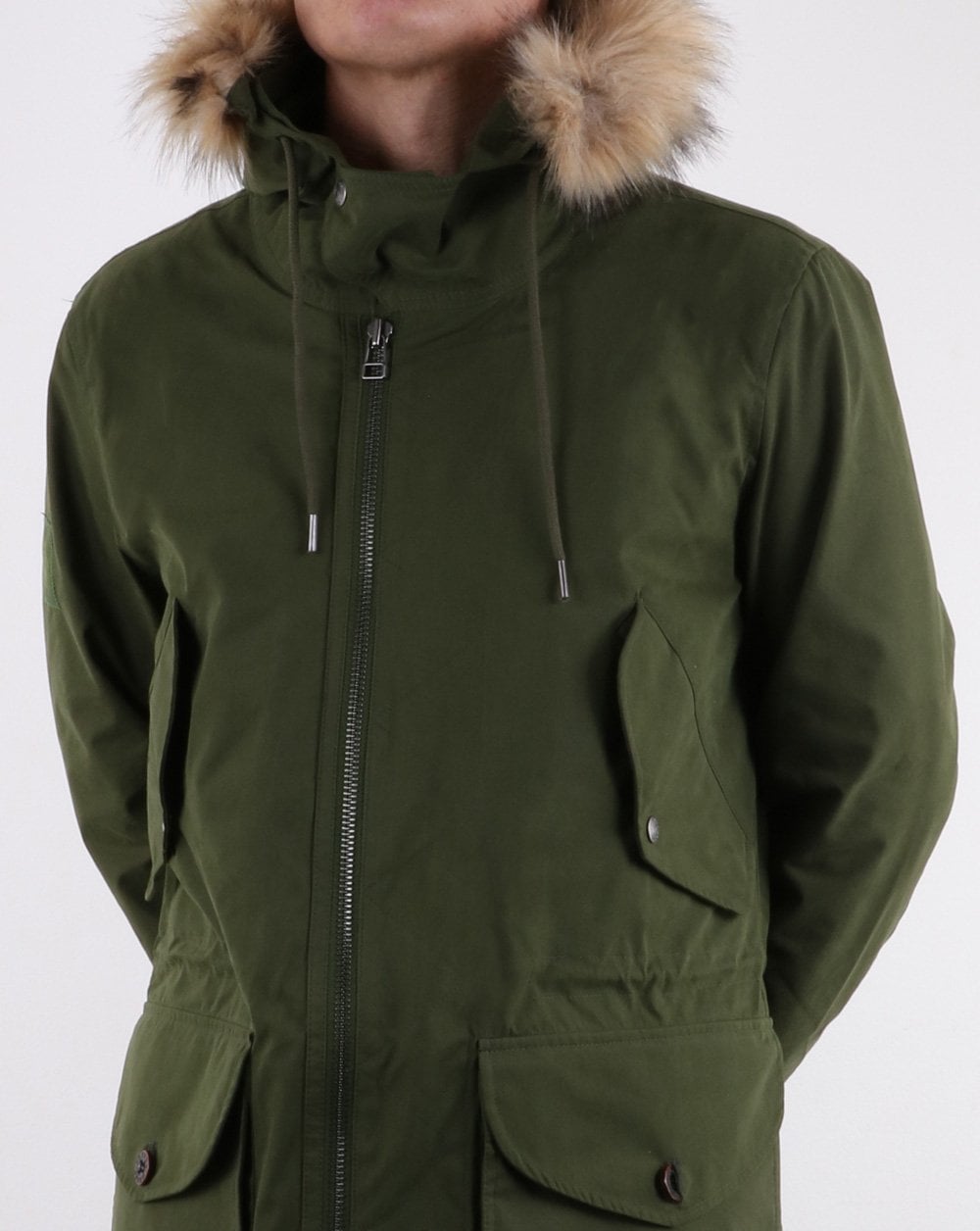 Pretty Green Herren Parka mit Kapuze und Pelzbesatz, Khaki