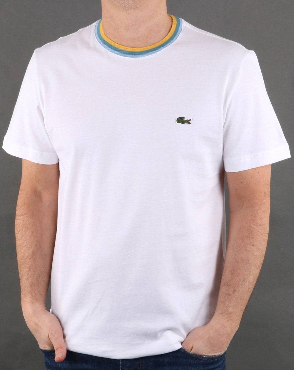 Lacoste – Kontrast-T-Shirt mit Rundhalsausschnitt in Weiß