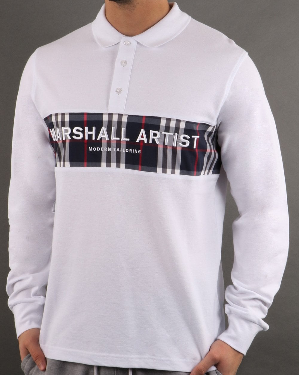 Marshall Artist Casa Check Langarm-Poloshirt Weiß