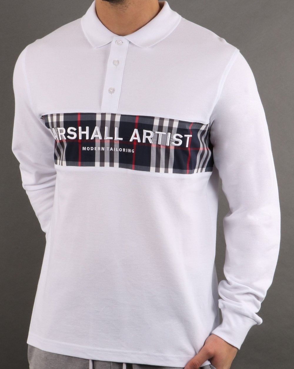 Marshall Artist Casa Check Langarm-Poloshirt Weiß