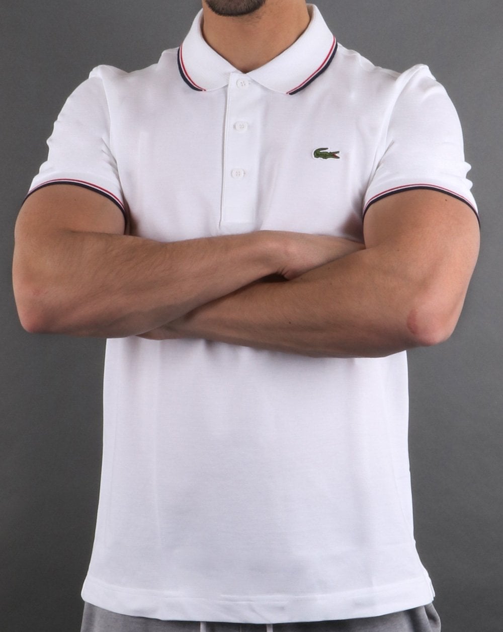 Lacoste Poloshirt mit Streifen Weiß/Marineblau/Rot